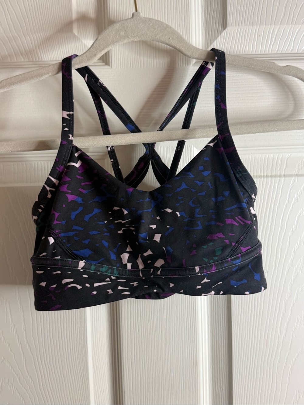Lululemon Free Flow Bra in the Shadow Wrap Multi / Black colorway.